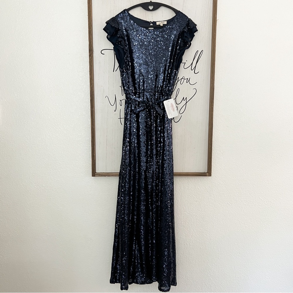 Navy Sequined tie-waist dress with ruffled cap-sleeves